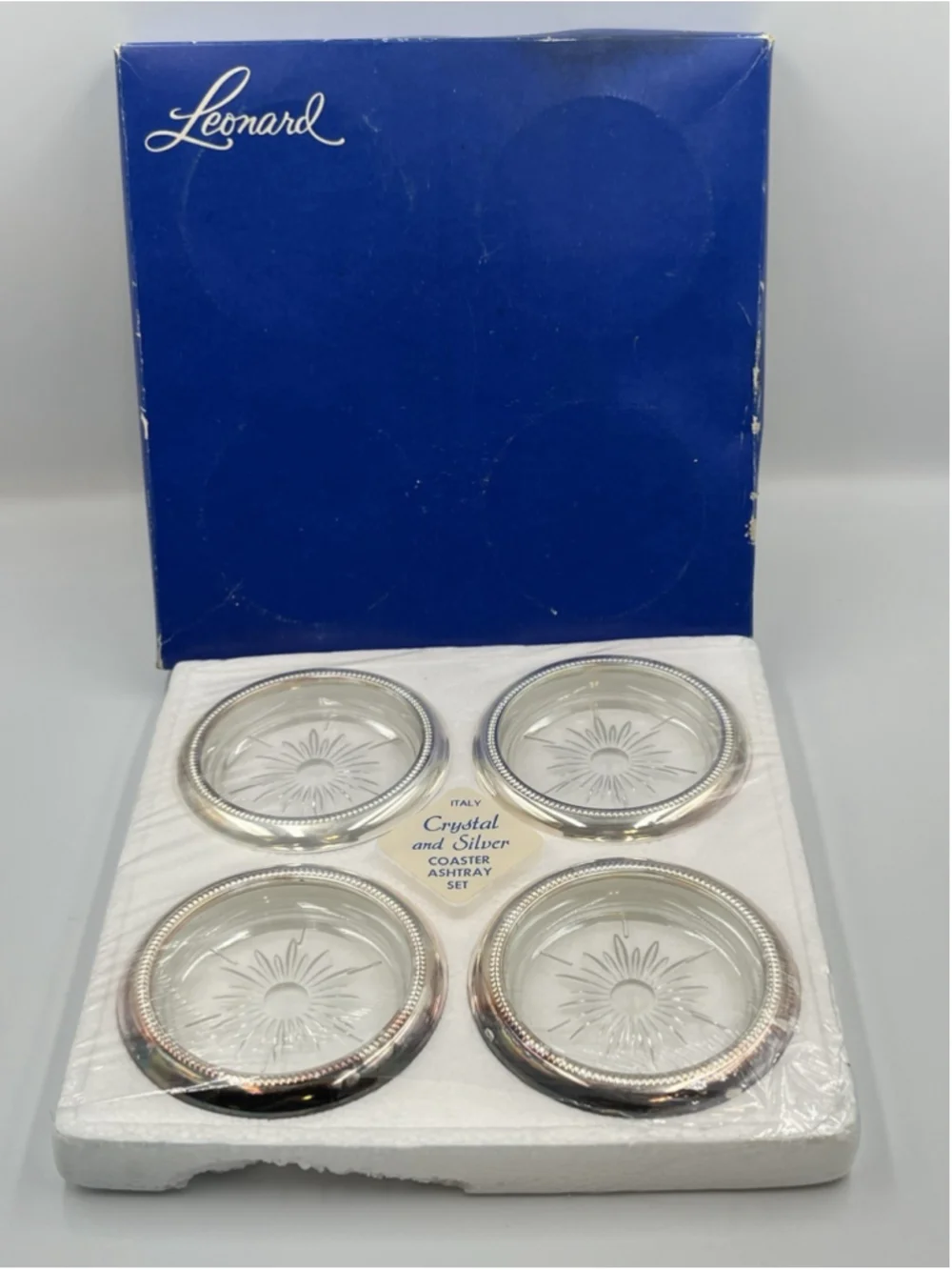 VTG Leonard Crystal Silver Plated 4 Coasters Starburst Pattern ITALY 25th Anniv
